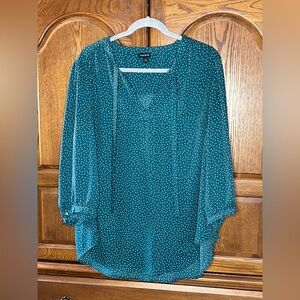 Torrid Teal 3/4 Sleeve Tie Front Polka Dot Blouse